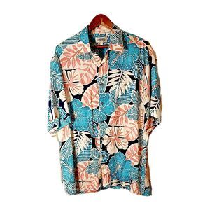 Campia Moda Men's Tropical Hawaiian Floral Rayon Shirt Blue Short Sleeve Size L